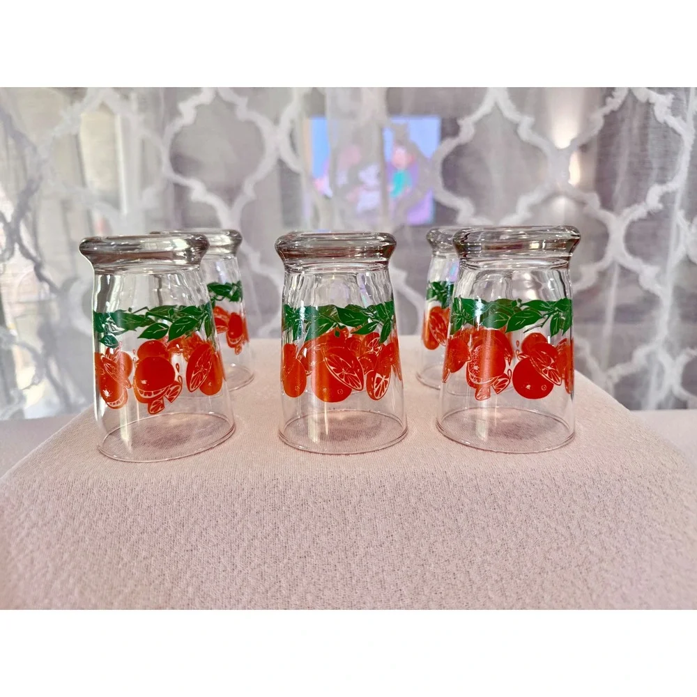 Vintage Orange Citrus Juice Glasses Set of 6 Retro Fruit Pattern Small Tumblers
